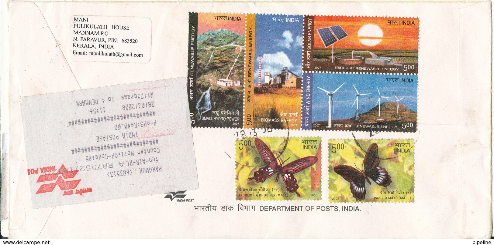 India Registered Cover Sent To Denmark 28-3-2008 Topic Stamps On Front And Backside Of The Cover - Covers & Documents