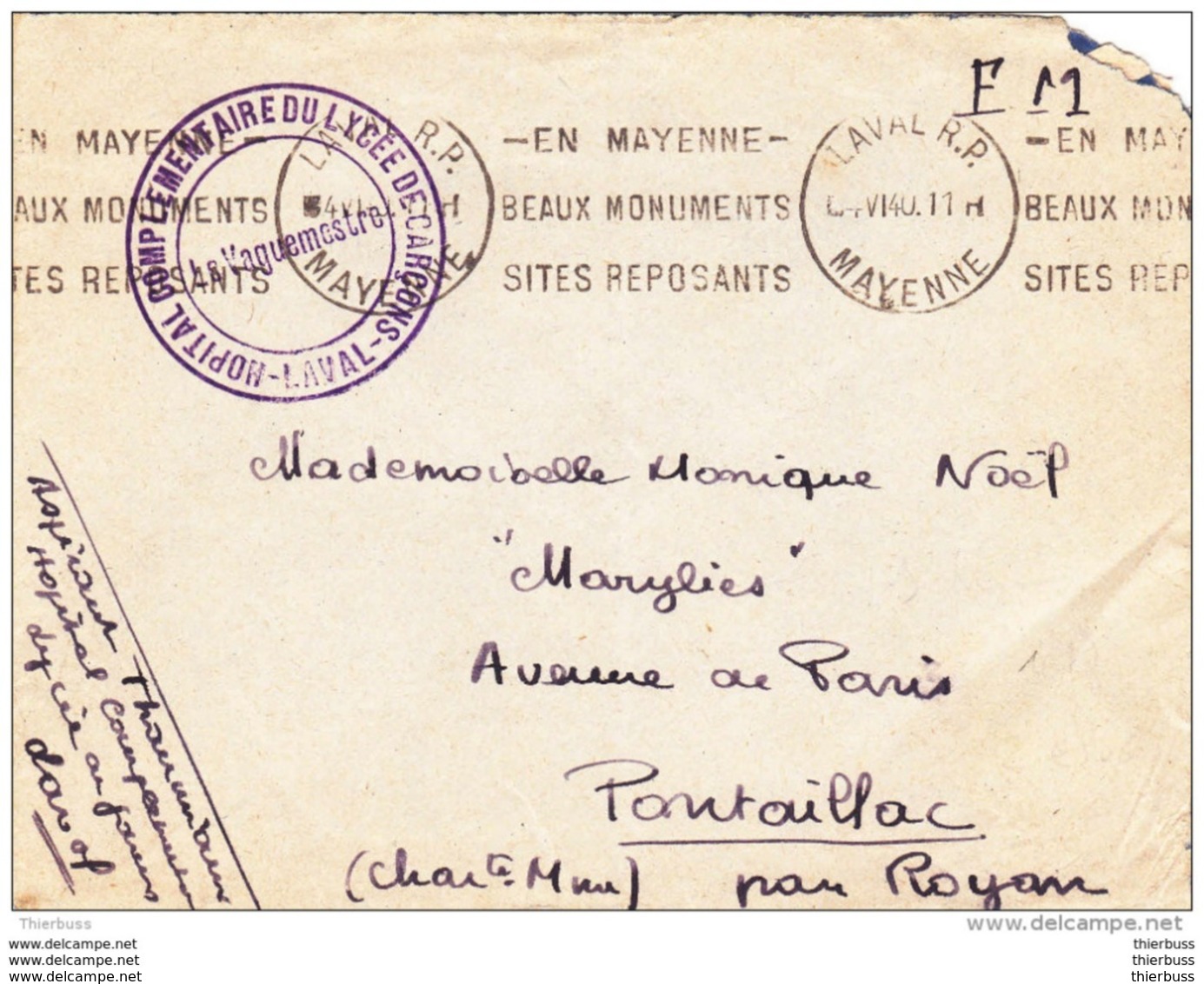 Lettre Franchise Militaire Hopital Complementaire Du Lycée De Garçons Laval Mayenne 1940 - Guerre De 1939-45