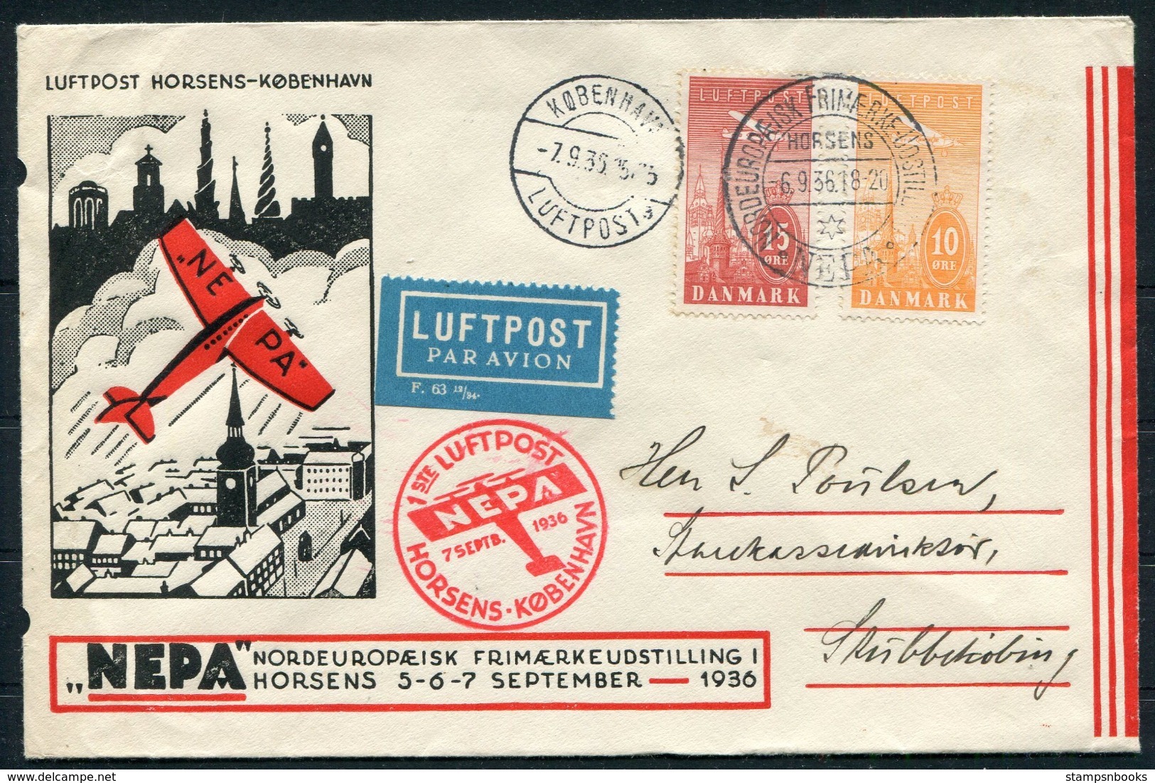 1936 Denmark Airmail Exposition Copenhagen NEPA First Flight Cover. Horsens - Kopenhagen - Airmail