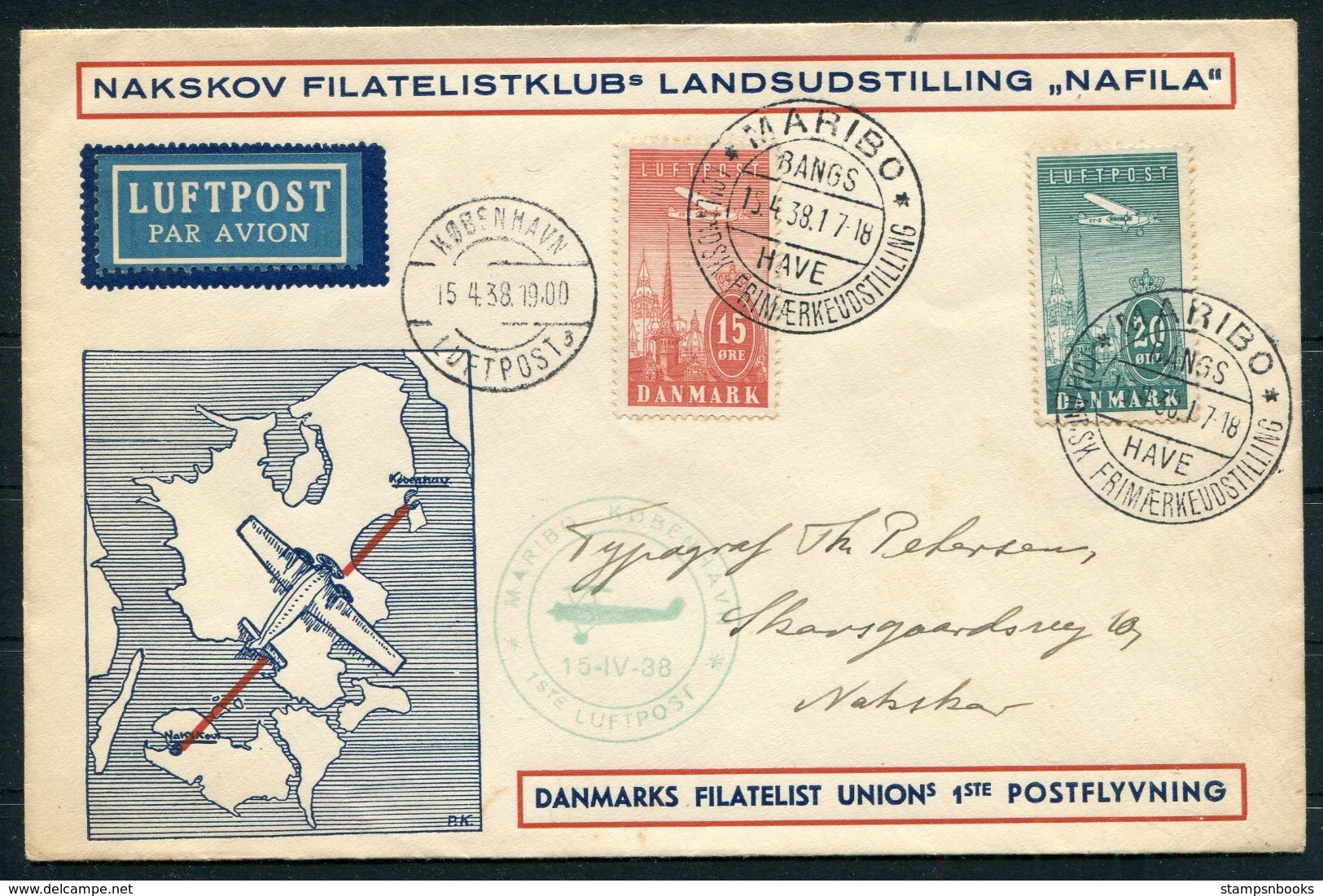 1938 Denmark Airmail Exposition Copenhagen NAFILA First Flight Cover. Maribo - Kopenhagen Luftpost - Airmail