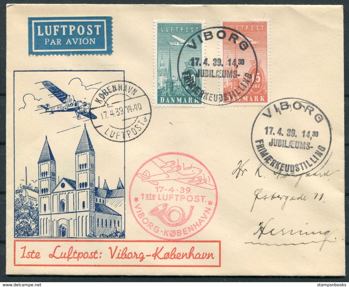 1939 Denmark Airmail First Flight Cover. Viborg - Kopenhagen Luftpost - Luchtpostzegels