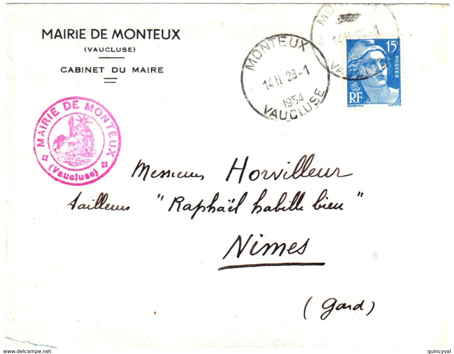 MONTEUX Vaucluse Lettre Entête Mairie 15 F Gandon Bleu Yv 886 Ob 1954 Horoplan "Pneumatique" Lautier A5 - Covers & Documents