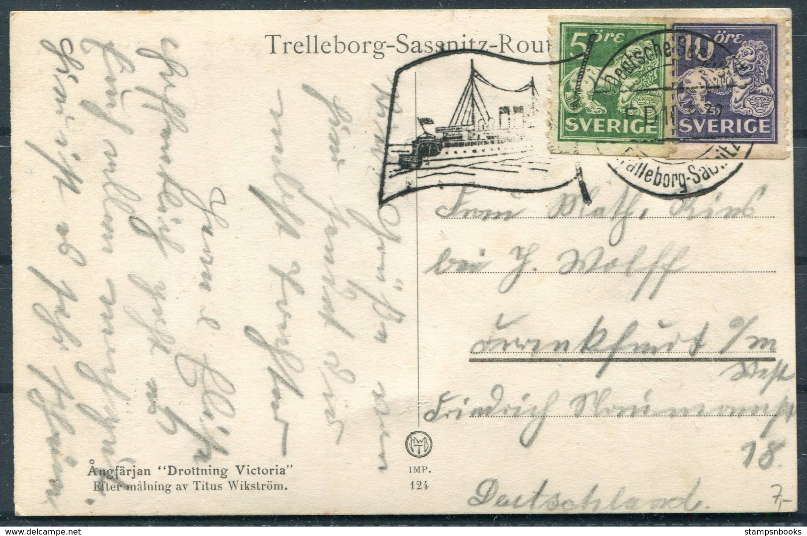 Sweden "DROTTNING VICTORIA" Ferry Postcard, Trelleborg - Sassnitz Deutsche Seepost Paquebot - Frankfurt - Lettres & Documents