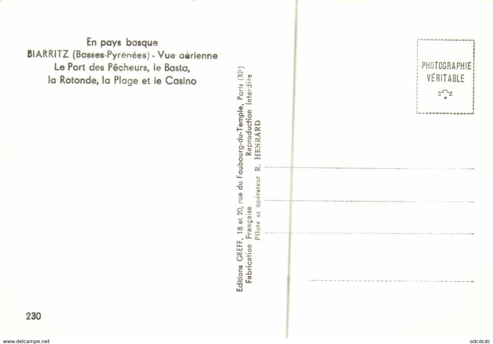 CPSM Grand Format  BIARRITZ  Vue Aérienne Pilote Operateur R Henrard Le Port Des Pecheurs ,le Basta ,la Rotonde ,la Plag - Biarritz