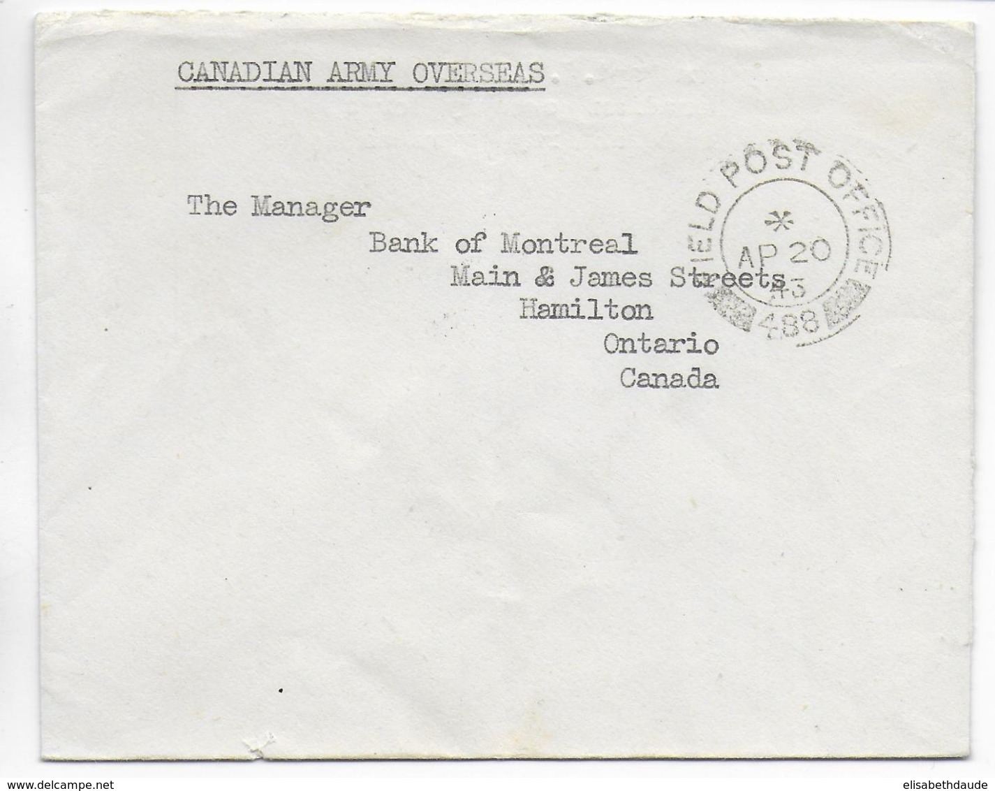 1943 - ARMEE CANADIENNE En EUROPE - ENVELOPPE PO N° 488 => ONTARIO - Covers & Documents