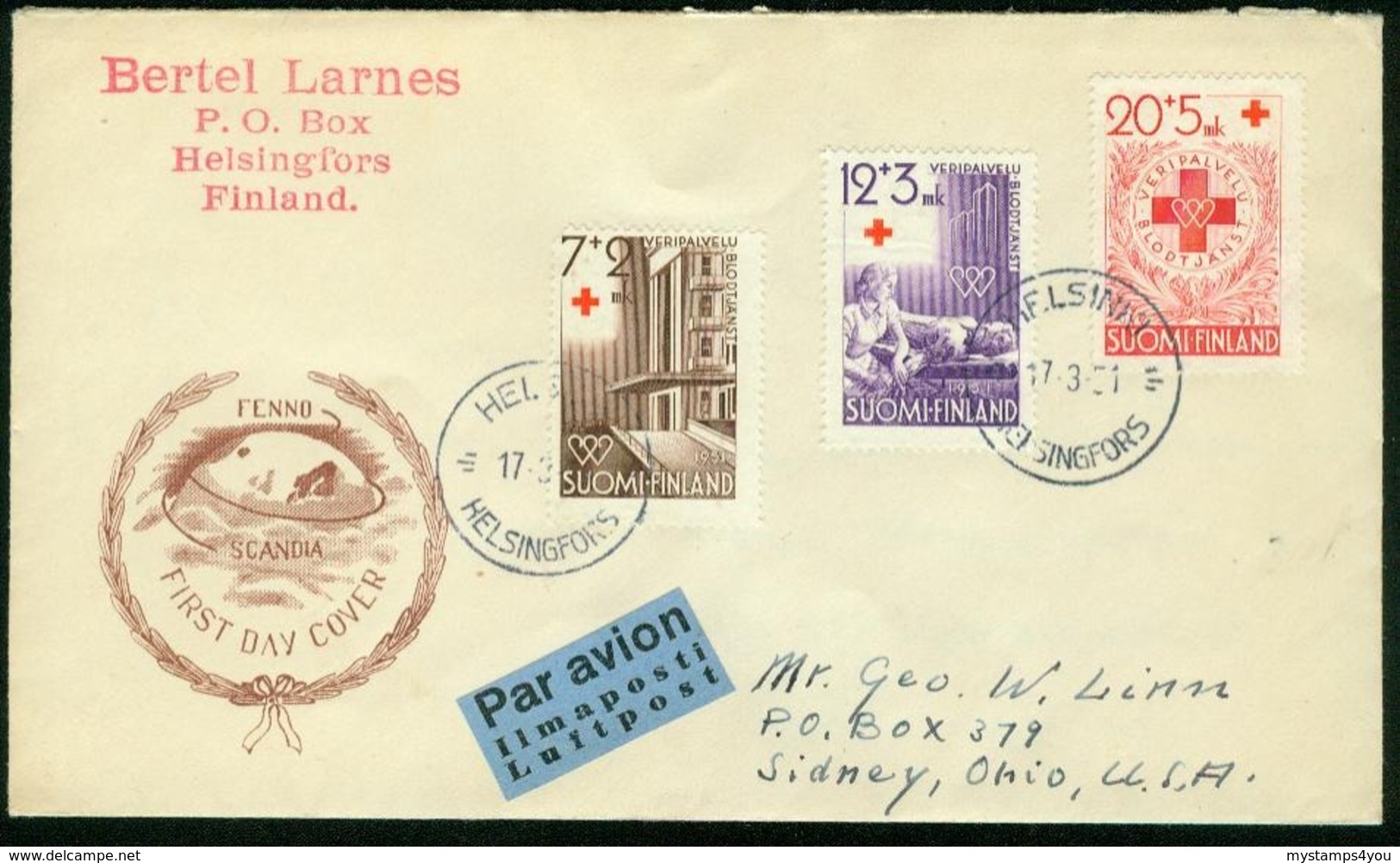 Fd Finland FDC 1951 MiNr 392-394 | Red Cross Fund | Air Mail Cover Sent To USA | Helsinki 17.3.1951 - Covers & Documents
