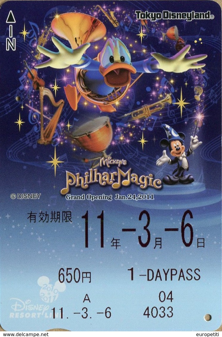 Japan - Japanese Card DISNEY RESORT LINE.  Carte DISNEY RESORT LINE Du Japon.   "Philharmagic 2011". - Disney