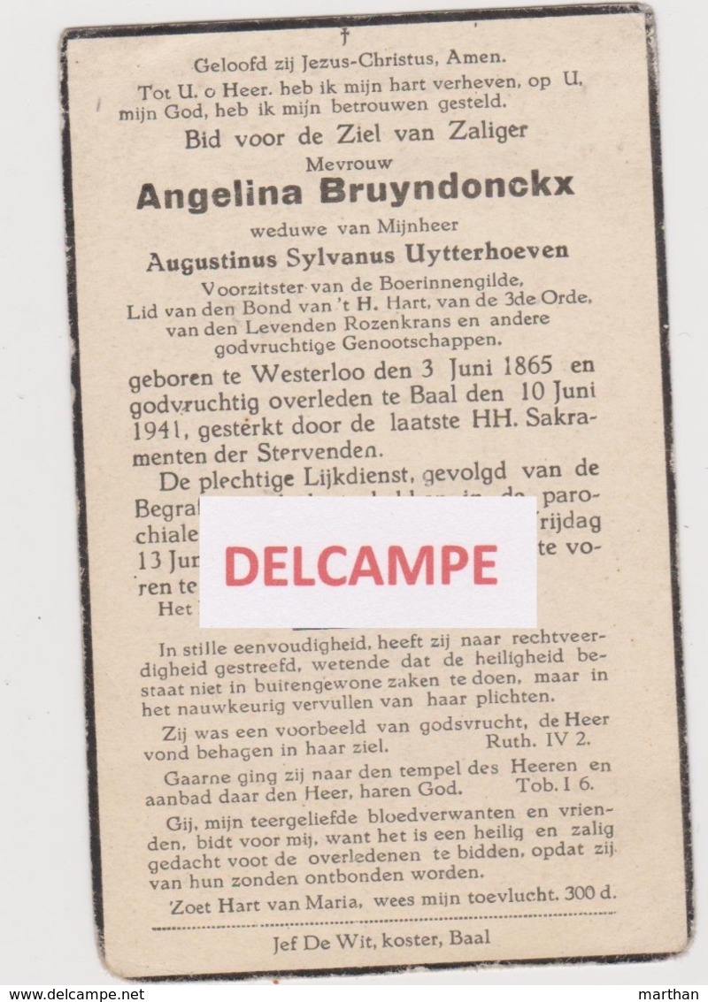 DOODSPRENTJE BRUYNDONCKX ANGELINA WEDUWE UYTTERHOEVEN WESTERLO BAAL 1865 - 1941   BEWERKT TEGEN KOPIEREN - Images Religieuses