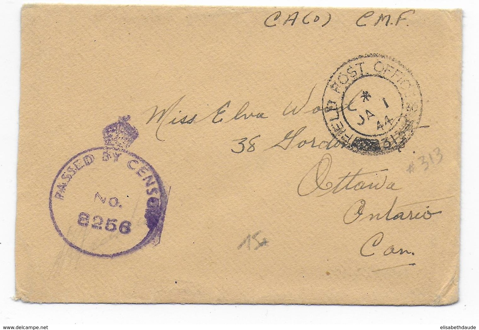 1944 - ARMEE CANADIENNE En EUROPE  - ENVELOPPE Avec CENSURE Du PO N°313 => ONTARIO - Covers & Documents