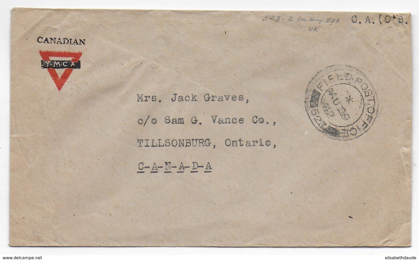 1942 - ARMEE CANADIENNE En EUROPE  - ENVELOPPE YMCA Du PO N°523 (UK) => ONTARIO - Storia Postale