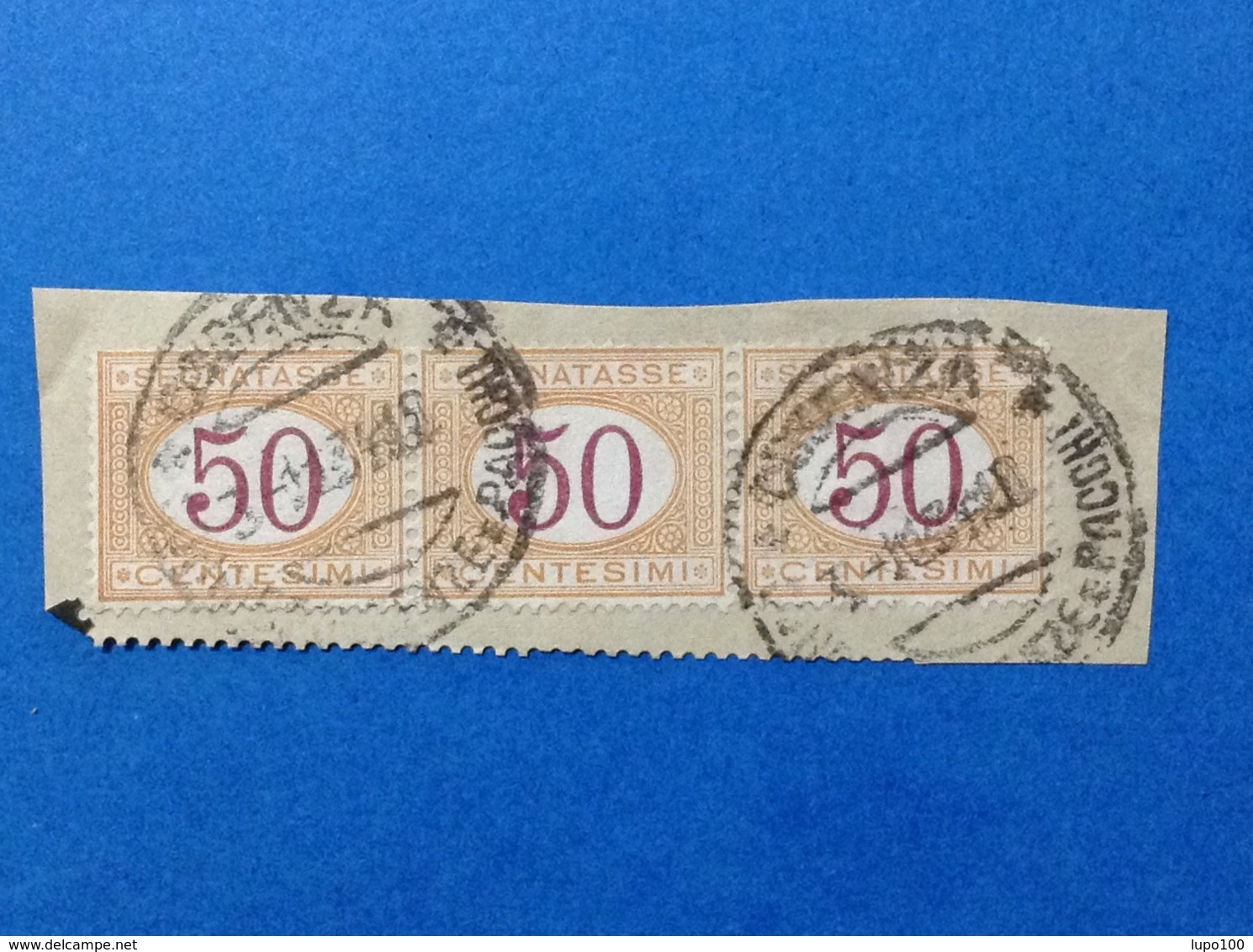 ITALIA REGNO SEGNATASSE 50 CENT STRISCIA DI 3 FRANCOBOLLI USATI STAMPS USED SU FRAMMENTO - Segnatasse