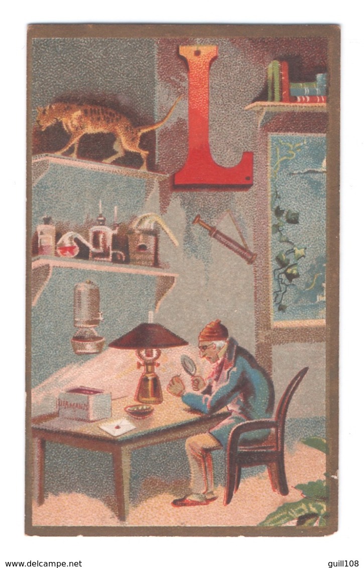 Petite Chromo Abécédaire Alphabet Lettre L Panthère Chimie Lampe à Pétrole Diamant Loupe Longue-vue Lunettes A10-13 - Other & Unclassified