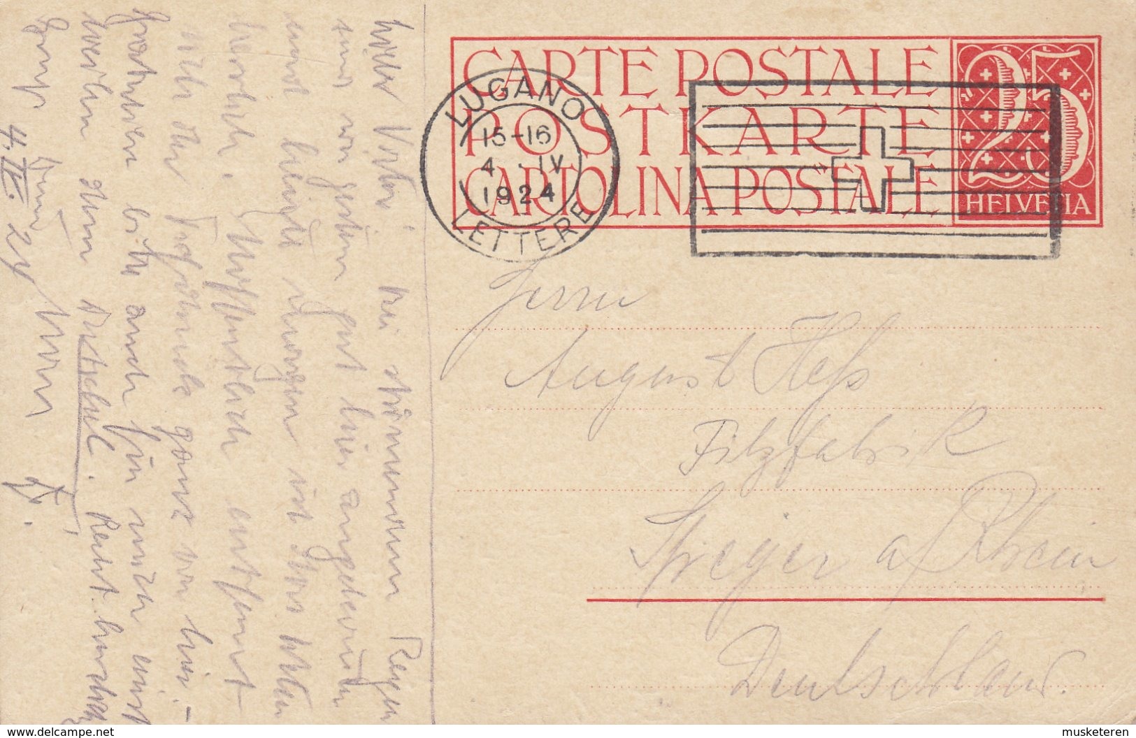 Switzerland Postal Stationery Ganzsache Intero Wertangabe '25' Ohne Teilstrich LUGANO 1924 SPEYER A. Rhein Germany - Entiers Postaux