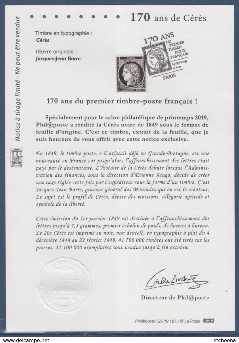 = 170 Ans Du 1er Timbre Cérès Issu D'une Feuille De 150 N°5305A Obltéré 14.03.2019 - Postdokumente