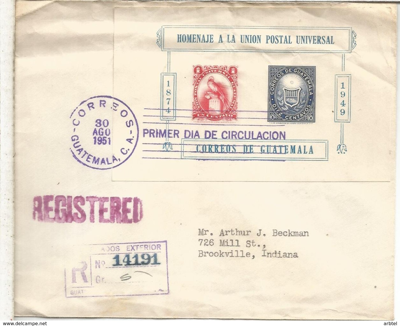 GUATEMALA CC CERTIFICADA A USA UPU QUETZAL AVE UNION POSTAL 1951 - U.P.U.