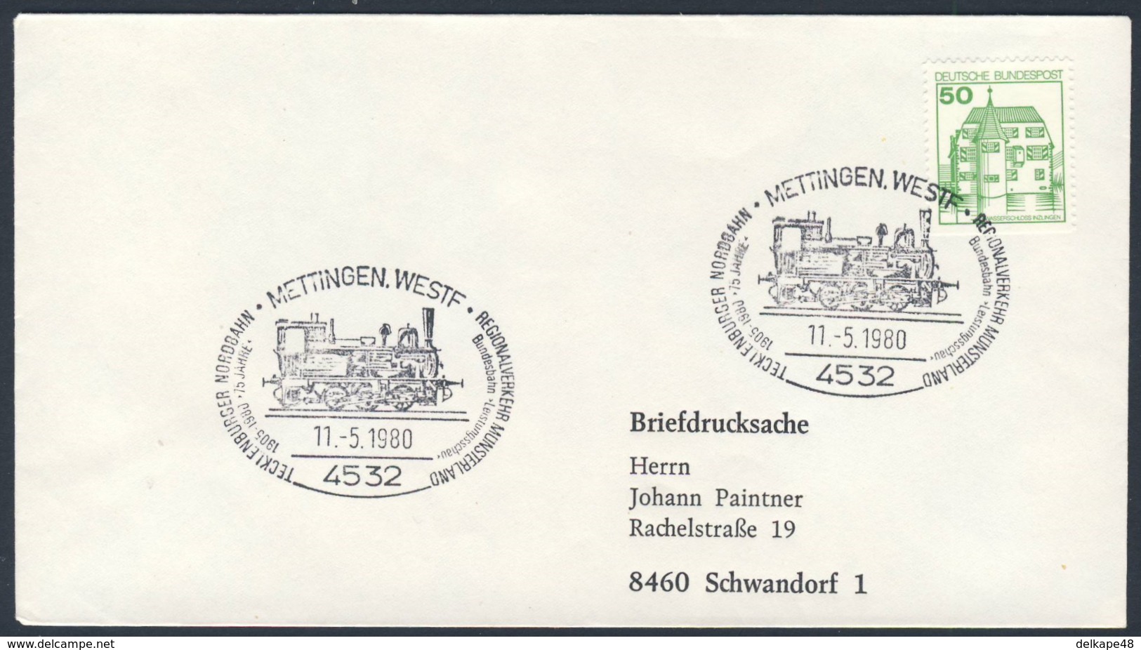Deutschland Germany 1980 Brief Cover - 75 Jahre Tecklenburger Nordbahn, Regionalverkehr Munsterland 1905-1980 - Treinen