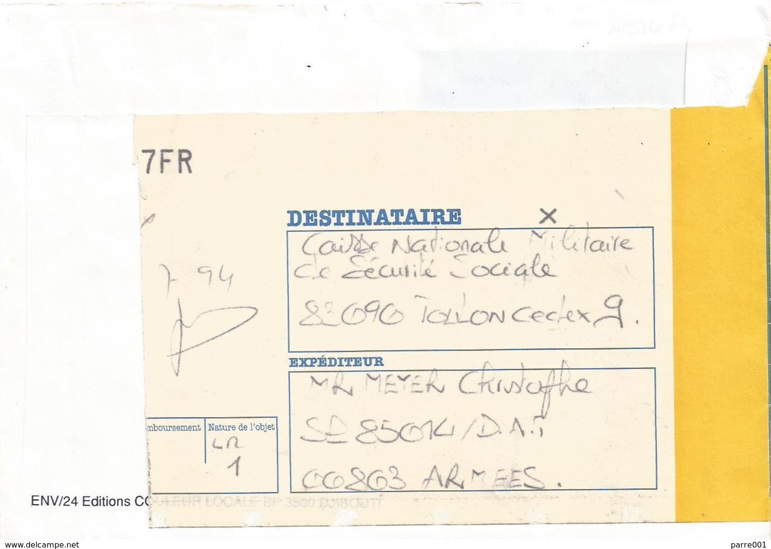 Djibouti 1994 BPM 610 France SP85014 Meter Satas EMA Military Militaire Forces Registered Cover - Militaire Stempels Vanaf 1900 (buiten De Oorlog)