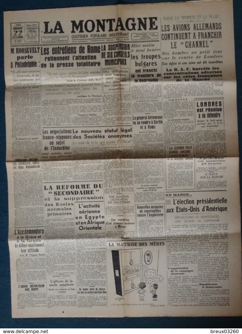 Document- Journal : "LA MONTAGNE "-   Les Avions Allemands,continuent, à Franchir Le "Chanel "- - Documents