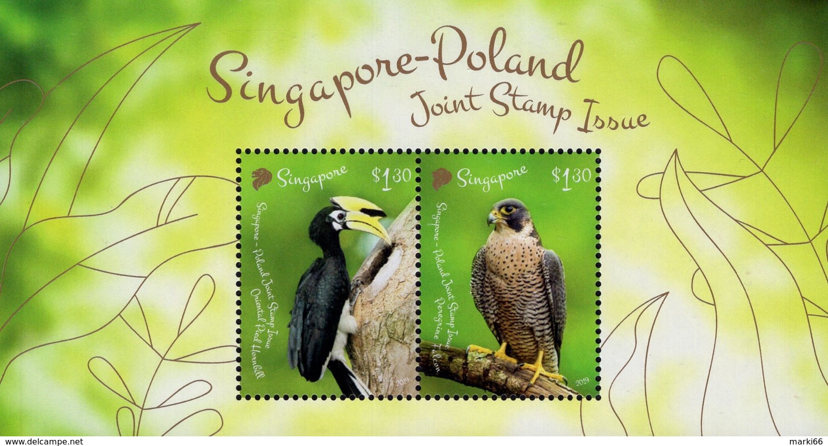 Singapore - 2019 - Birds - Hornbill And Falcon - Joint Issue With Poland - Mint Souvenir Sheet - Singapore (1959-...)