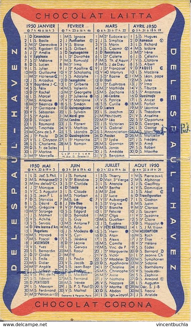 Calendrier Corona  Laitta Chocolat Delespaul Havez 1950 - Klein Formaat: 1941-60