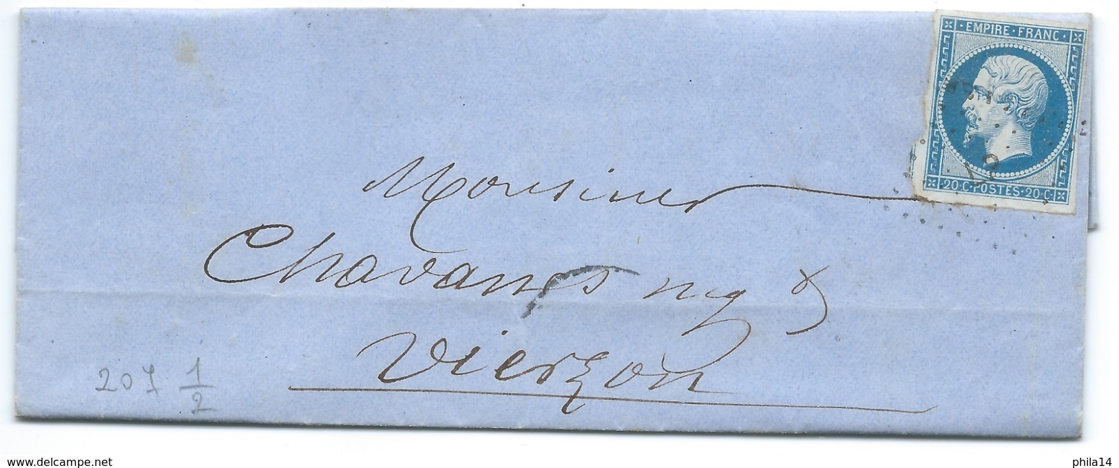 N° 14 BLEU NAPOLEON SUR LETTRE / ISSOUDUN POUR VIERZON / 25 FEV 1862 - 1849-1876: Classic Period