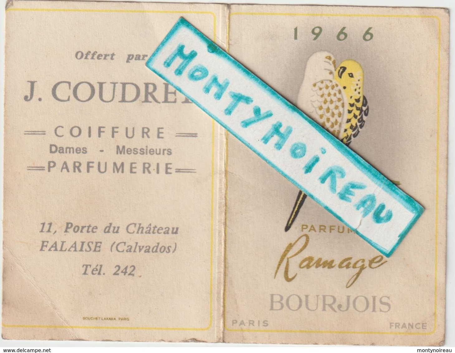 Vieux Papiers:  , Calendrier 1966 , Calvados  Falaise , Coiffure Parfumerie , Bourgeois ,paris , Oiseau - Klein Formaat: 1961-70