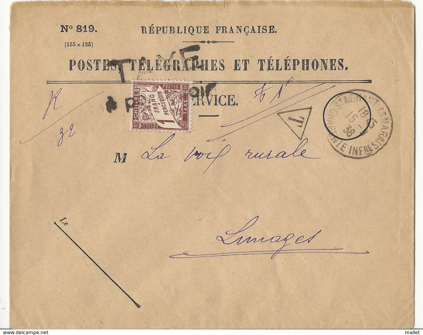 Lettre Postes, Télégraphes Et Téléphones N°819 - Taxée à 1 Fr (cachet Taxe à Percevoir) - Limoges - 1859-1959 Covers & Documents