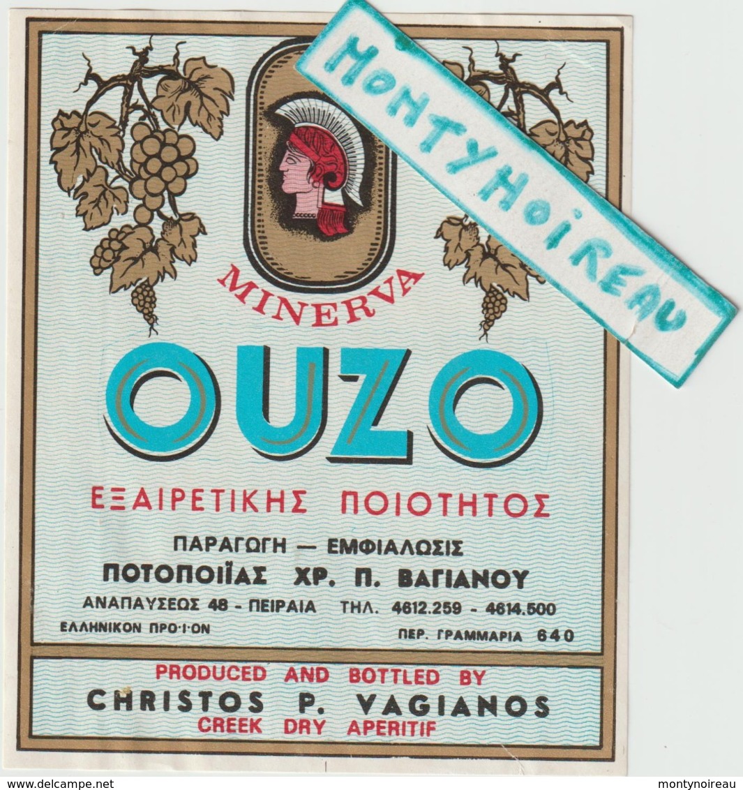 Vieux Papiers:  étiquette  OUZO  Grèce , Apéritif  , Christos  P.  Vagianos  ,minerva - Autres & Non Classés