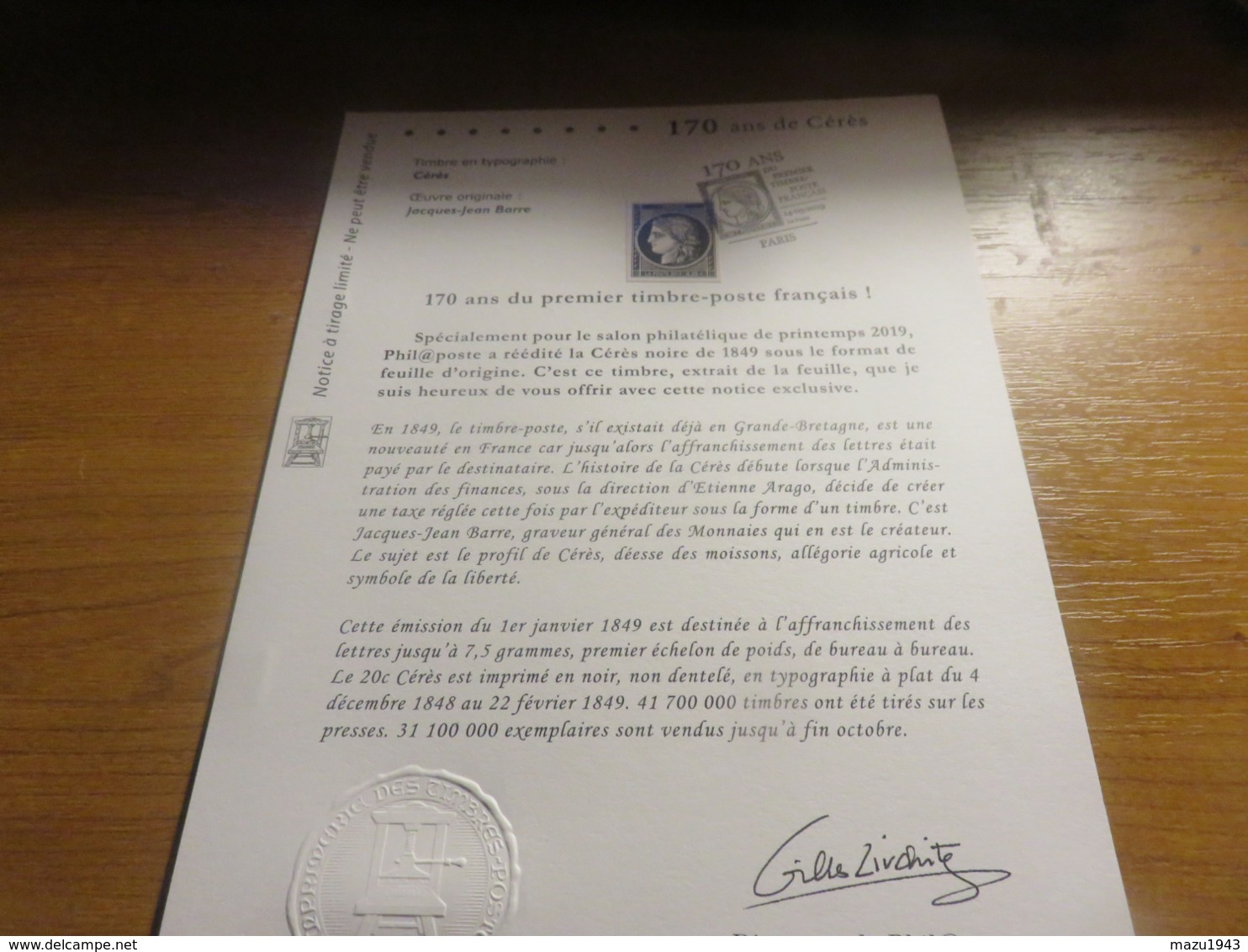 Document Officiel 1° Jour Du Timbre Céres 170 Ans De Mars 2019 - 2010-2019