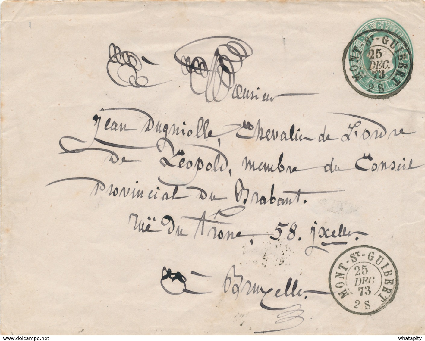 484/30 -- Entier Postal Enveloppe Double Cercle MONT ST GUIBERT 1873 Vers BXL - Enveloppes