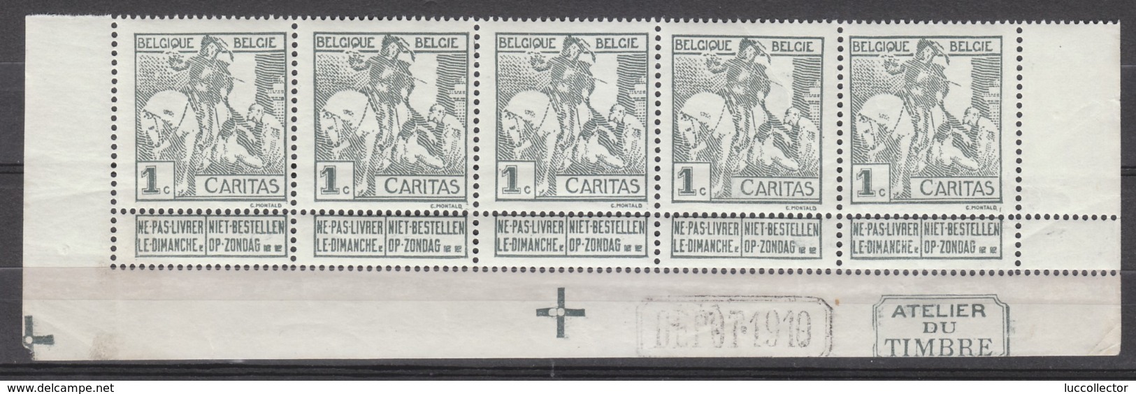 Belgium  84  XX (MNH) Strip Van Vijf Met DEPOT 1910 En "atelier Du Timbre"  Cote 25,00 Euro - 1910-1911 Caritas