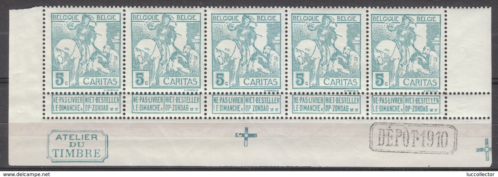 Belgium  86  XX (MNH) Strip Van Vijf Met DEPOT 1910 En "atelier Du Timbre"  Cote 40,00 Euro - 1910-1911 Caritas