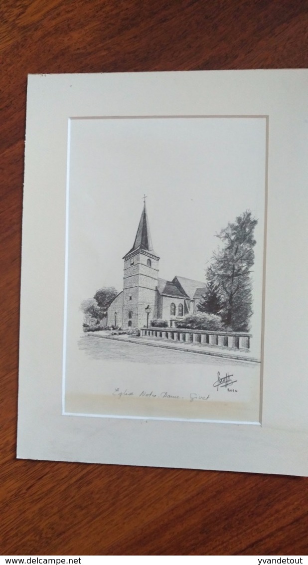 Dessin Original De L'église Notre-Dame De Givet. Claude Stroppa, Artiste D'Aubrives, - Dessins