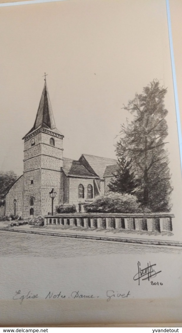 Dessin Original De L'église Notre-Dame De Givet. Claude Stroppa, Artiste D'Aubrives, - Disegni