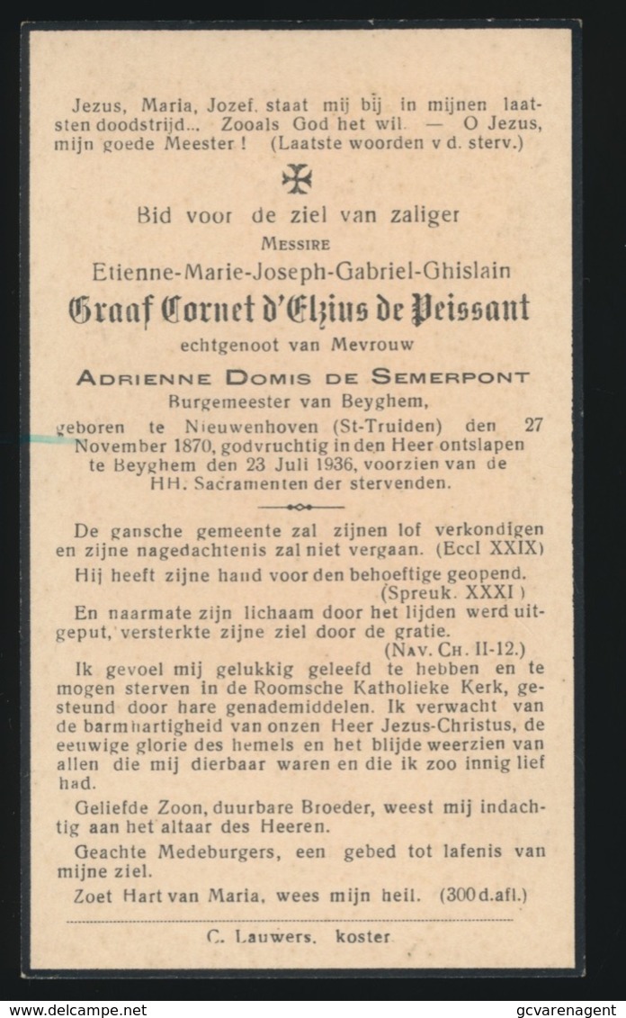 ADEL NOBLESSE - BURGEMEESTER BEYGHEM - GRAAF ETIENNE CORNET D'EKIUS De PEISSANT - NIEUWENHOVEN 1870 - BEYGHEM 1936 - Overlijden