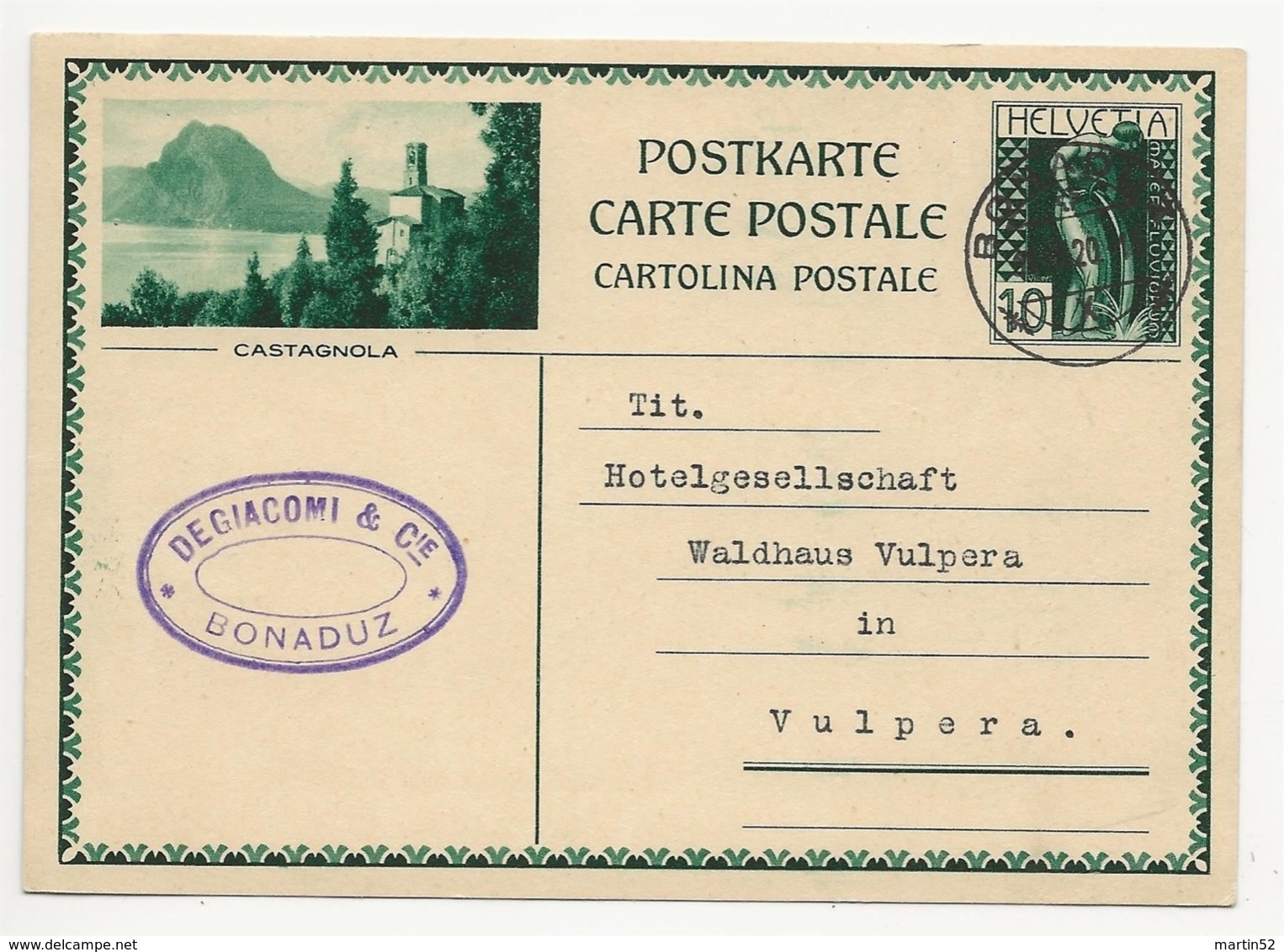 Schweiz Suisse 1931: Bild-PK / CPI "CASTAGNOLA" Mit O BONADUZ 01.VII.20 (effektiv 30.8.31 Nach Vulpera - Entiers Postaux