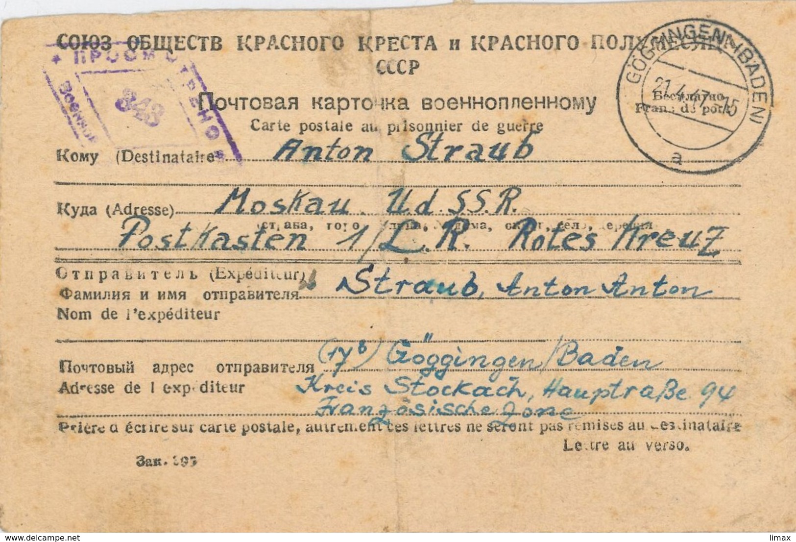Göggingen Baden - Kriegsgefangenenpost Via Rotes Kreuz An Lager 343 Pleskau (heute Pskow) 1947 - Kriegsgefangenenpost
