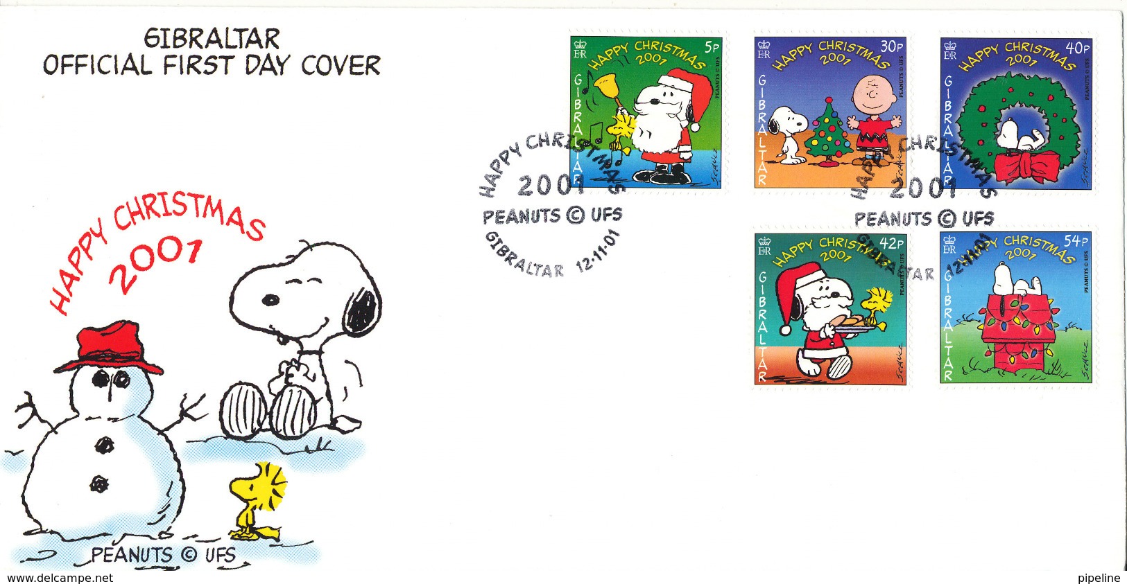 Gibraltar FDC 12-11-2001 Happy Christmas 2001 Complete Set Of 5 With Cachet - Gibraltar