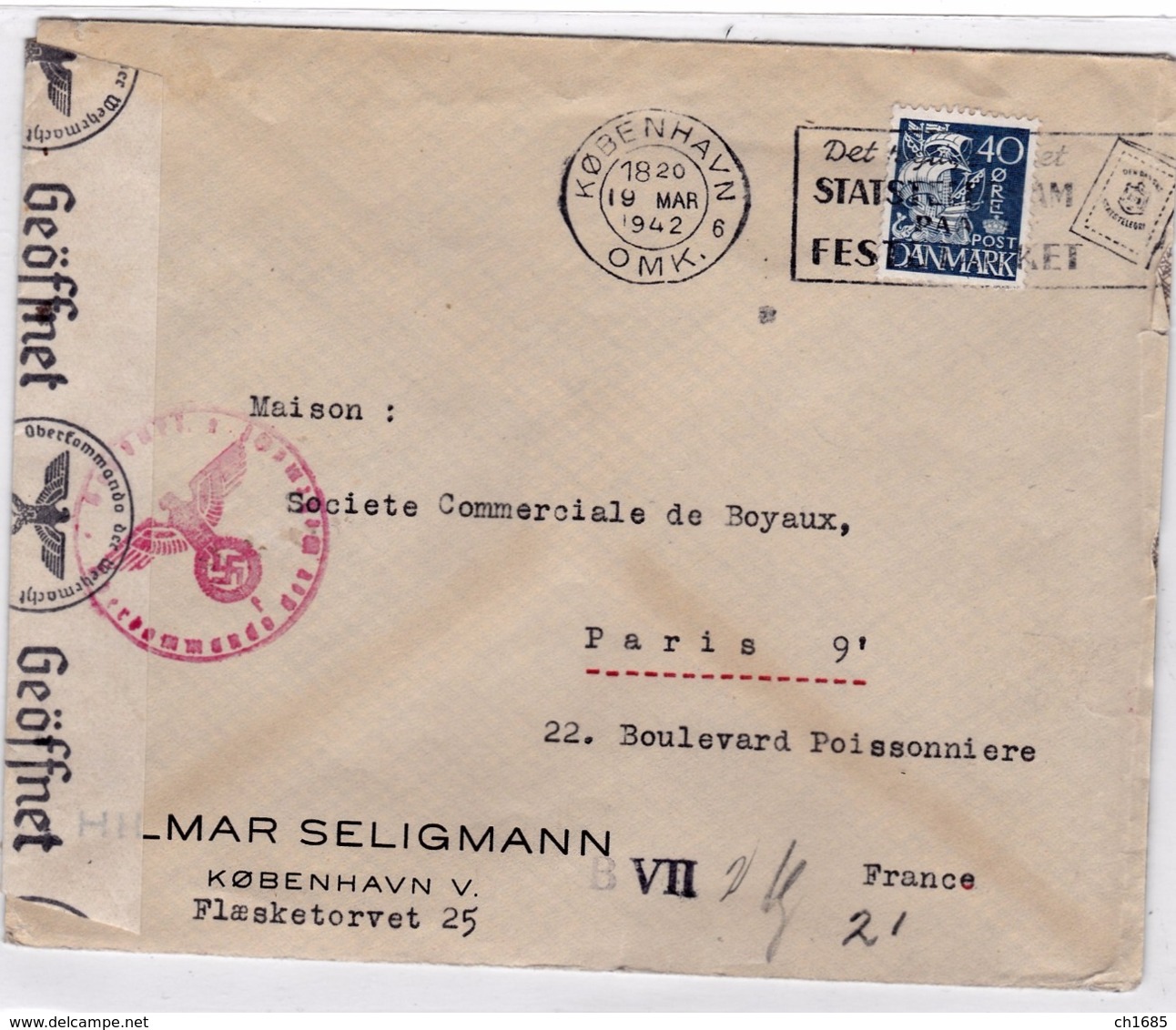 DANEMARK :  Lettre Pour Paris De 1942 Avec Censure Allemande - Storia Postale