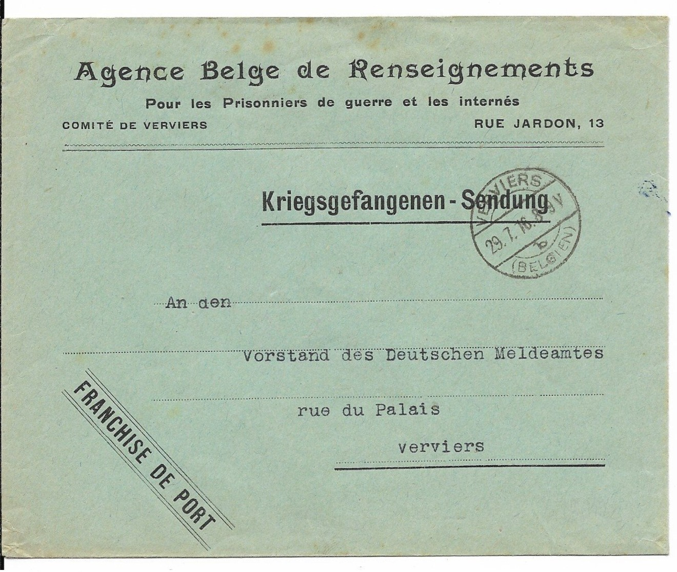 Portvrije Poststukken Agence Belge De Renseignements, Van VERVIERS - Krijgsgevangenen