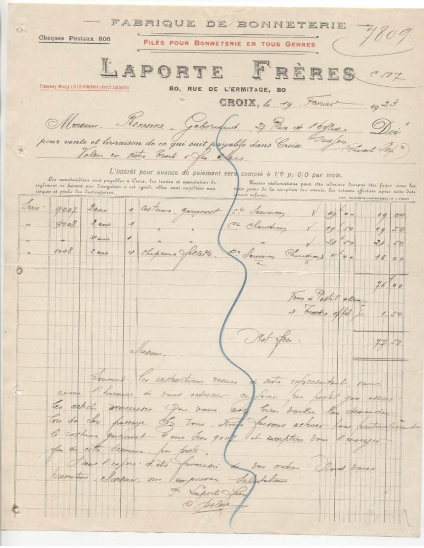 Nord: LAPORTE Frères, R. De L'Ermitage à Croix, Fabrique De Bonneterie / Fact De 1923, Filigrane - 1900 – 1949