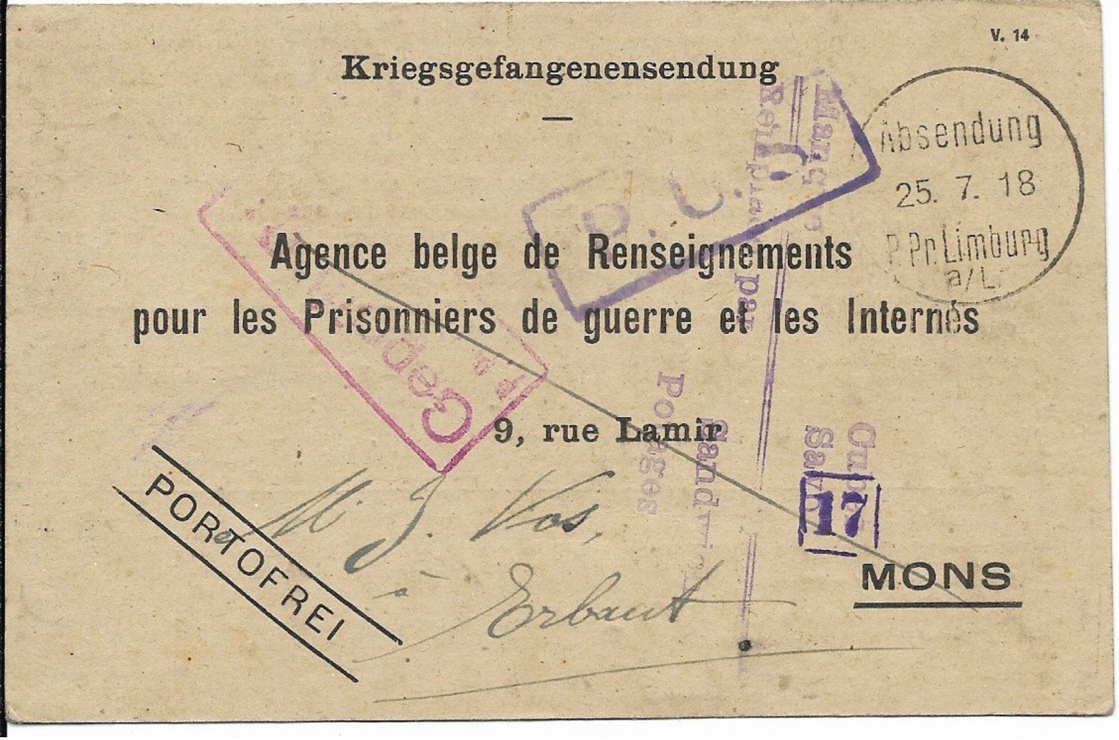 Kriegsgefangenensendung - Agence Belge De Renseignements - Prisoners