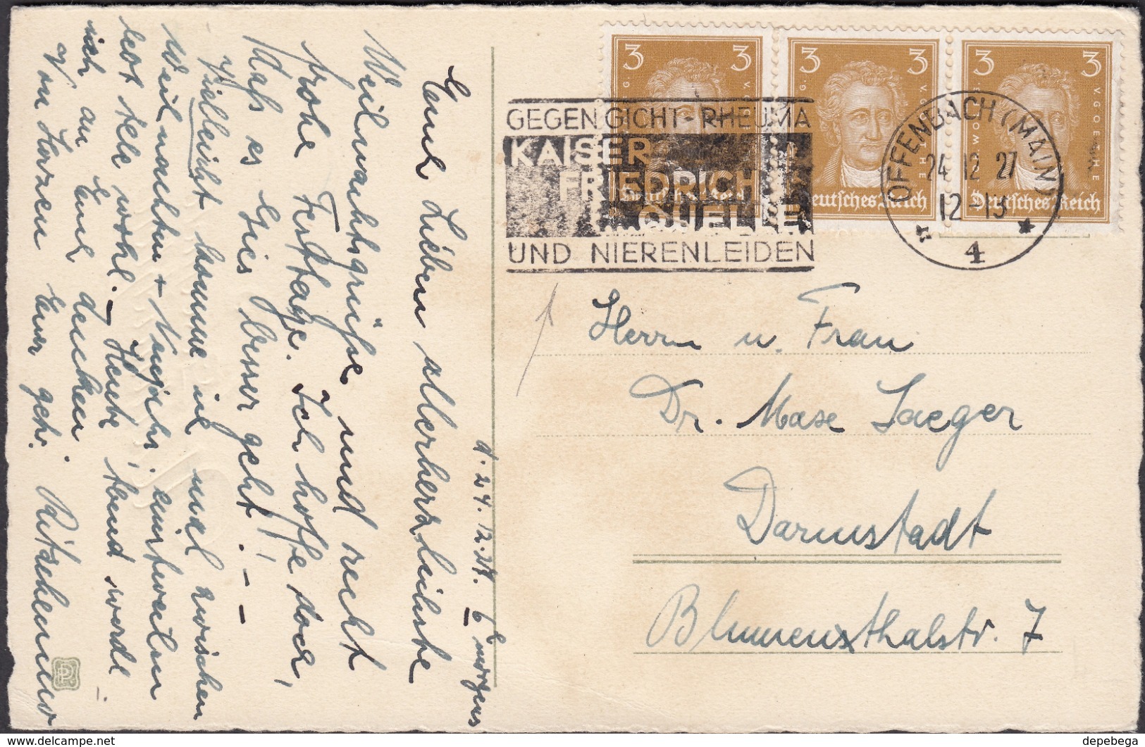 Germany - Weihnachtskarte, MiNr. 386 MeF + Werbestempel 'Kaiser-Friedrich-Quelle - OFFENBACH 24.12.1927' - Darmstadt. - Covers & Documents