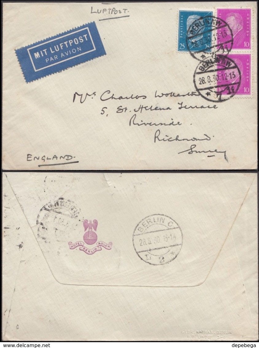 Germany - Airmail Cover, LUFTPOST Brief, BERLIN 28.8.1930 - Richmond, England. - Covers & Documents