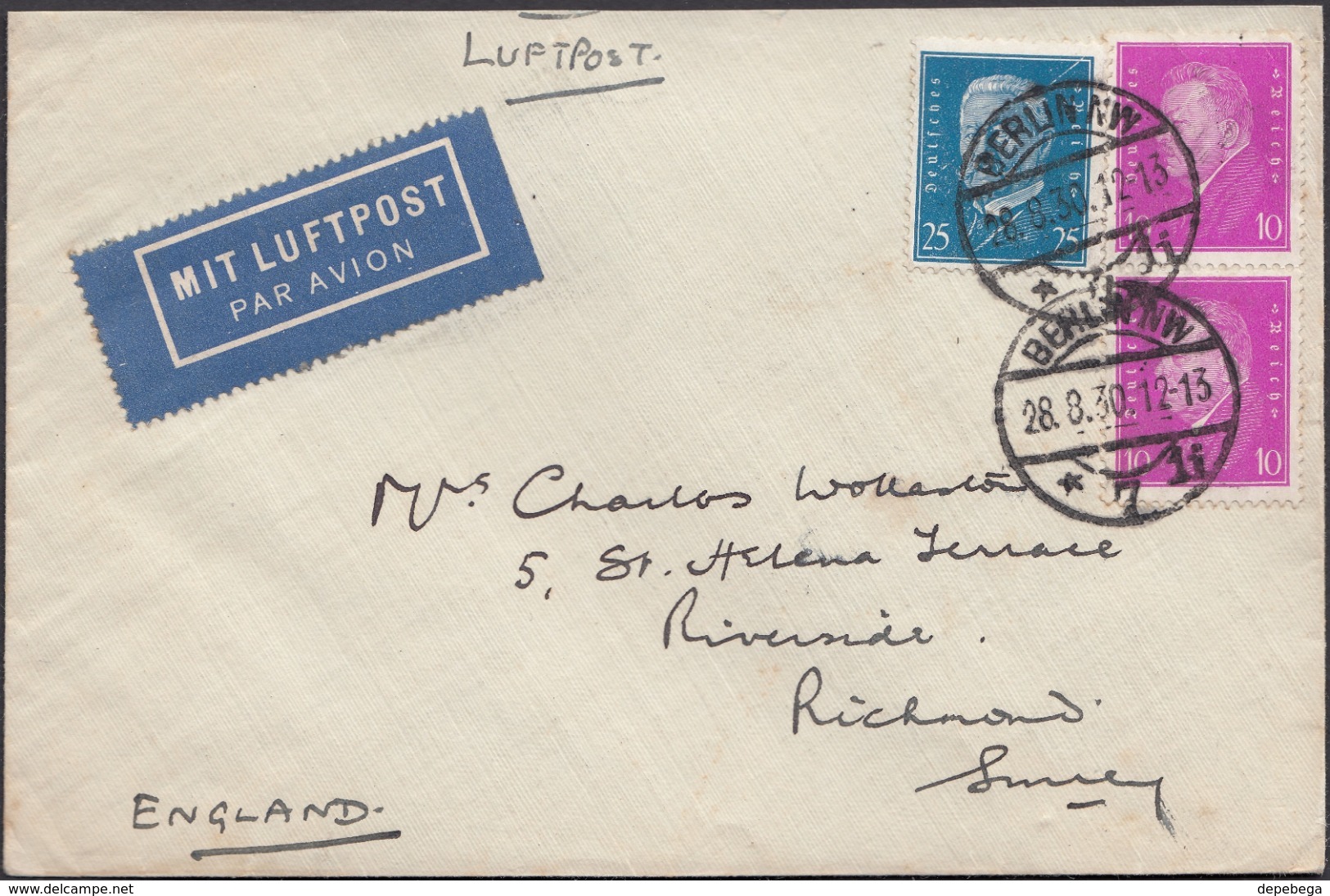 Germany - Airmail Cover, LUFTPOST Brief, BERLIN 28.8.1930 - Richmond, England. - Covers & Documents