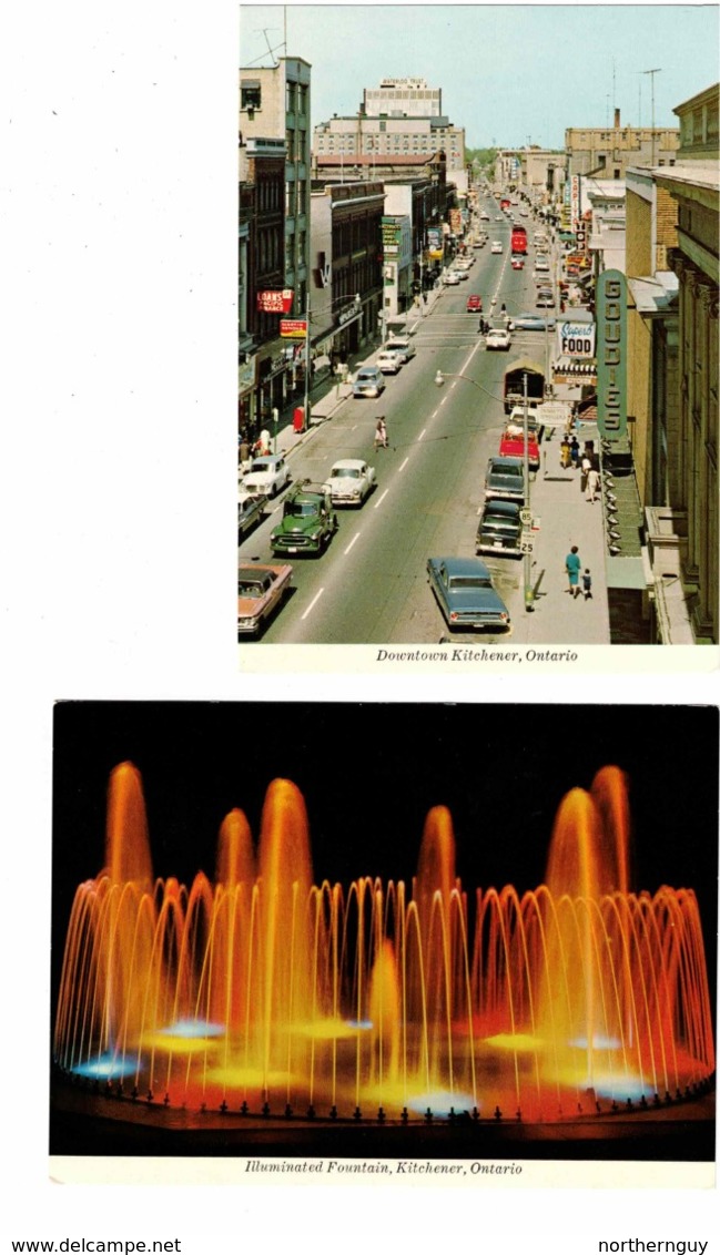 2 KITCHENER, Ontario, Canada, King St & Fountain, 1960s? 4X6 Postcards, Waterloo County - Kitchener