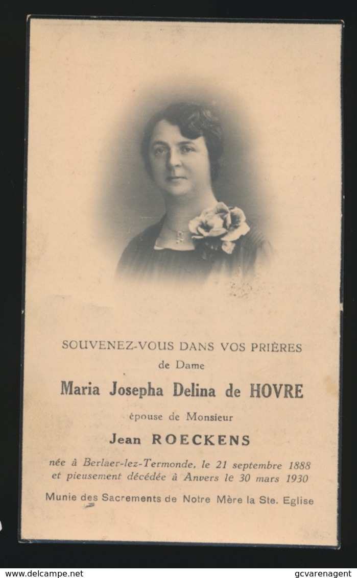 ADEL NOBLESSE - DAME MARIA De HOVRE - BERAER LEZ TERMONDE 1888 - ANVERS 1930 - Décès