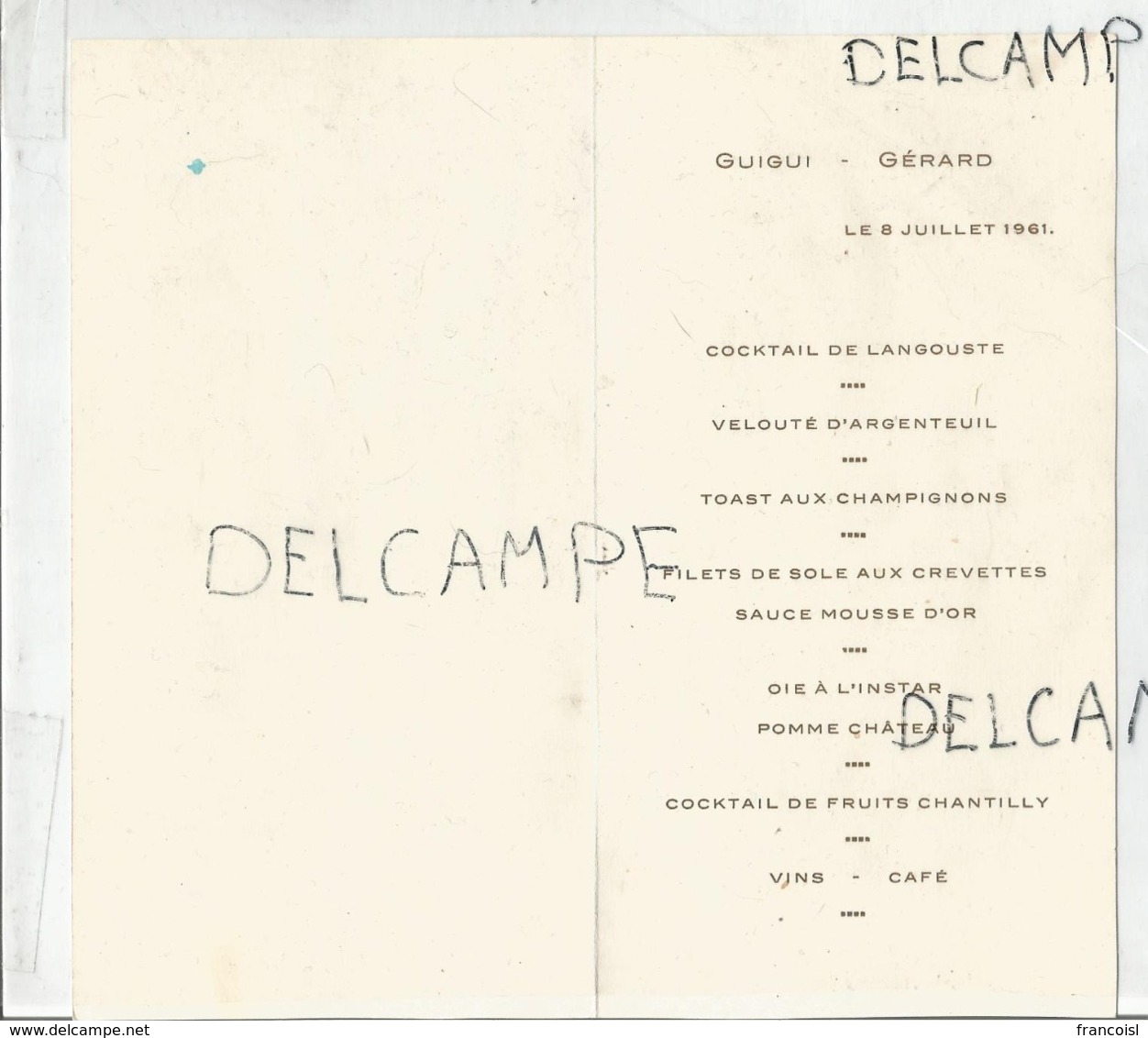 Mariage De Guigui Et Gérard, Le 8 Juillet 1961. Signée G. Lefebvre. - Menus