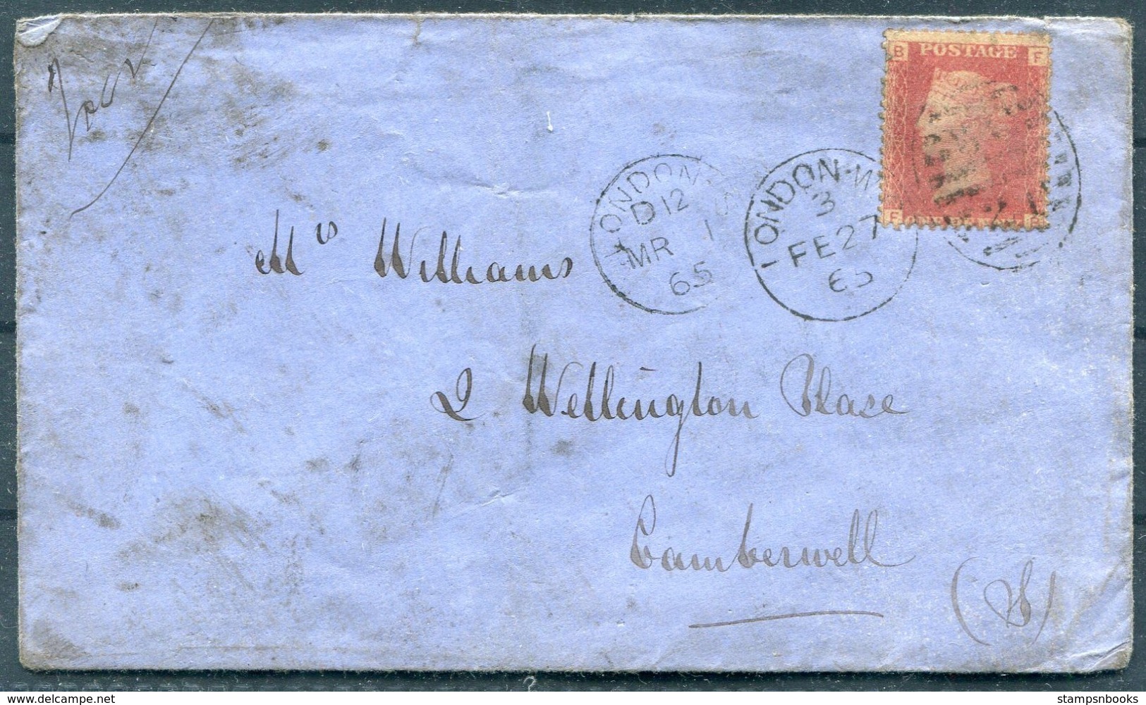 1865 GB 1d Red Cover - Camberwell London. Redirected, Unknown Person, Post Office Address Mystery! - Briefe U. Dokumente