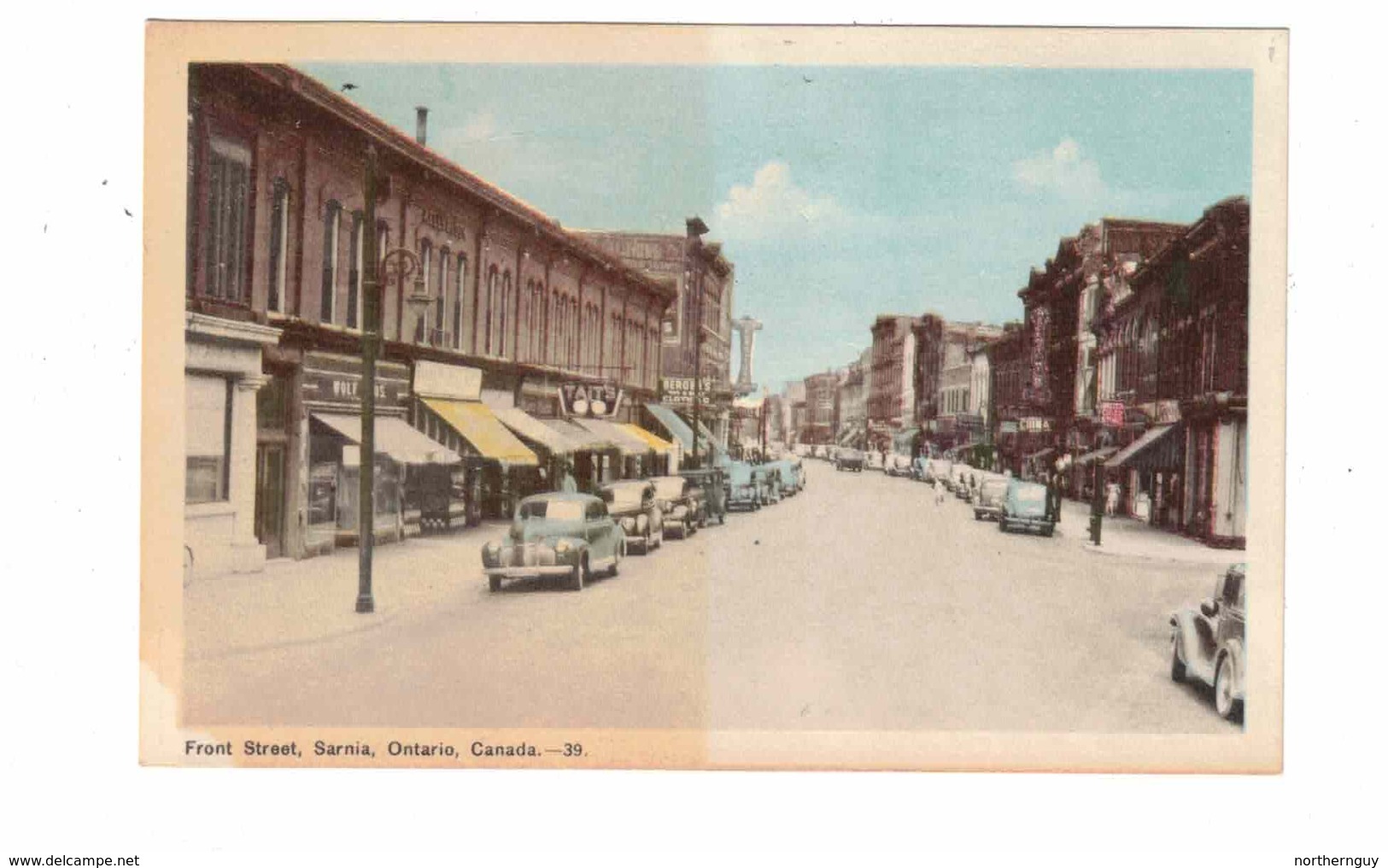 SARNIA, Ontario, Canada, Front Street & Stores, 1940's Cars, Old WB PECO Postcard, Lambton County - Sarnia